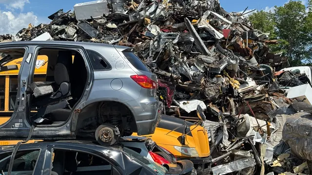 Montagne de ferraille automobile et carcasses de véhicules démontés au centre de recyclage