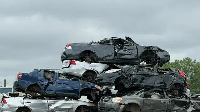 Véhicules empilés prêts pour le recyclage chez Recyclage Auto St-Jean sur la Rive-Sud